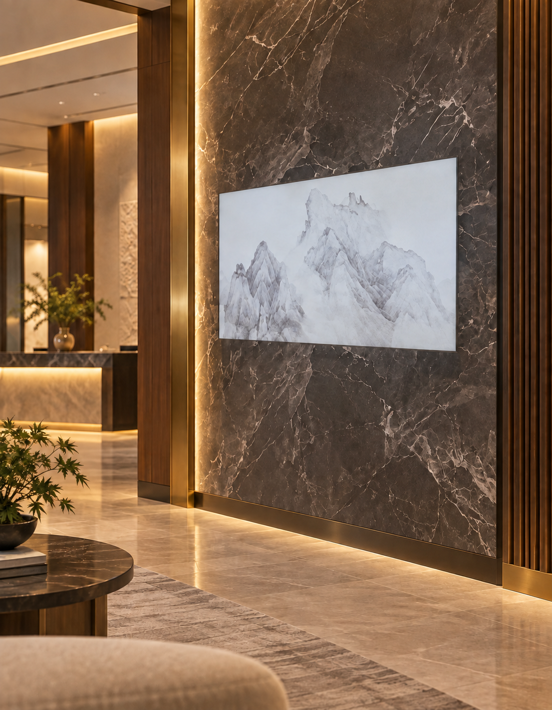Texture LED screen integrated into a hotel lobby interior
